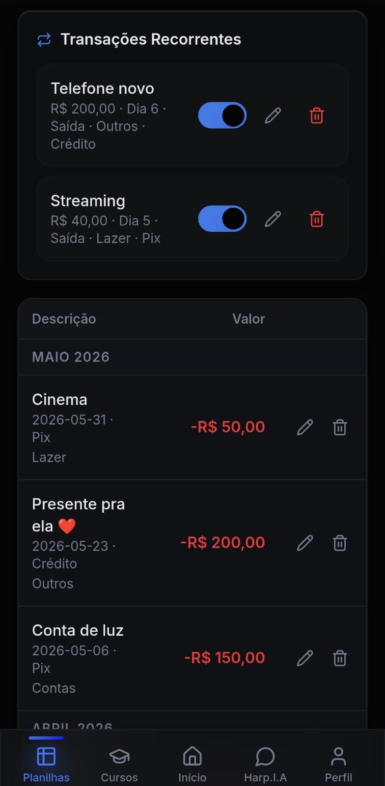 Lista de transações