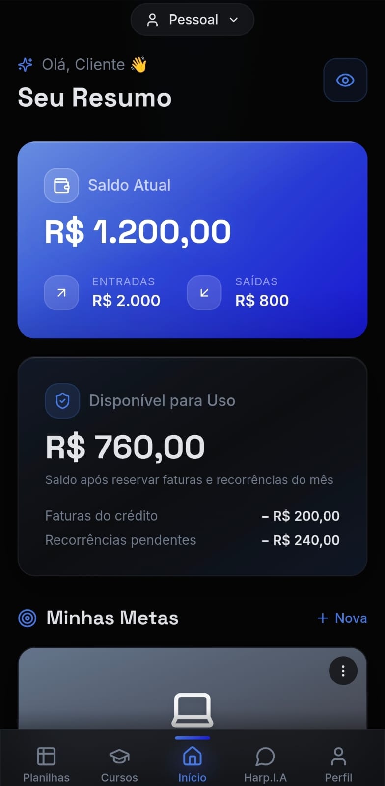 App Harpy mostrando o card Disponível para Uso